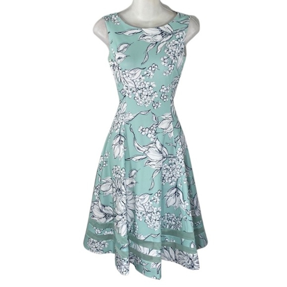 Calvin Klein mint green white floral sleeveless flare crepe stretch dress GG4